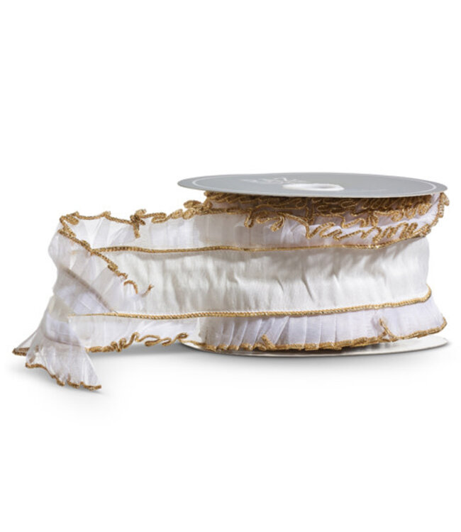 Sheer Ivory Ribbon w/Ruffles and Gold Trim 4"x10 Yds
