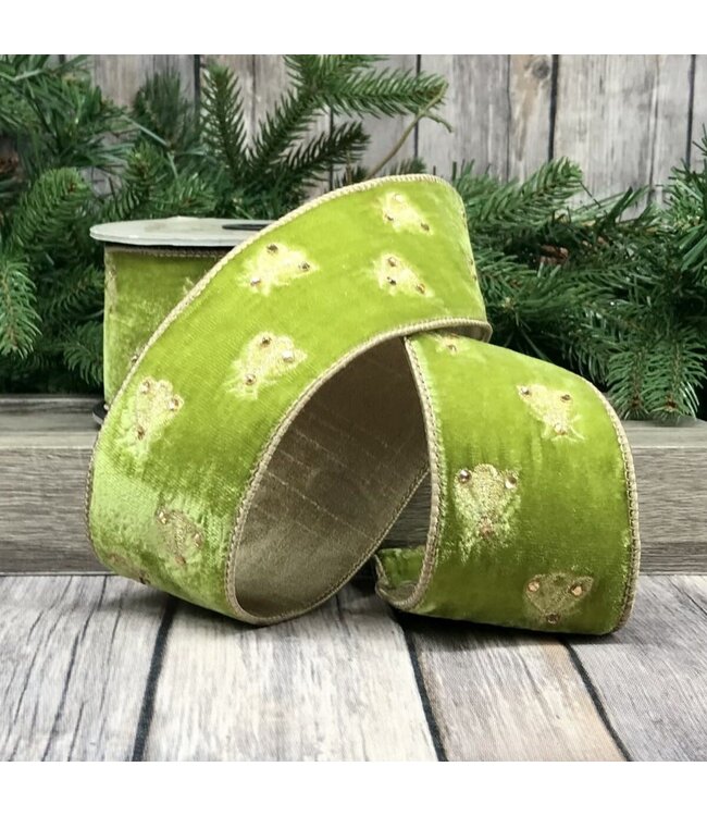 2.5” x 5yds velvet embroidery bee ribbon , moss green
