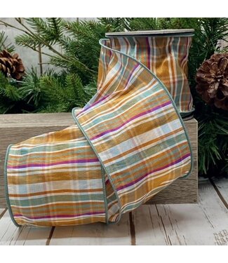 d. stevens 4“ x 10yds dupion plaid ribbon, brown-celadon