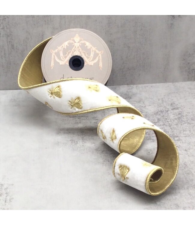 d. stevens D. Stevens 2.5“ x 5yds velvet gold embroidery bee ribbon, winter white
