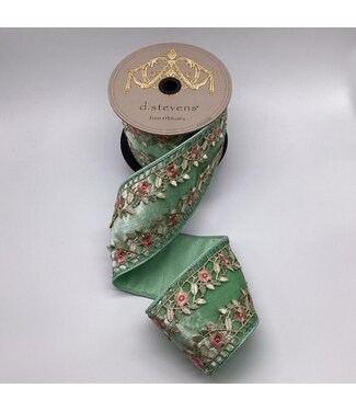d. stevens D. Stevens 4“ x 5yds ice velvet floral applique side trim ribbon, mint pink