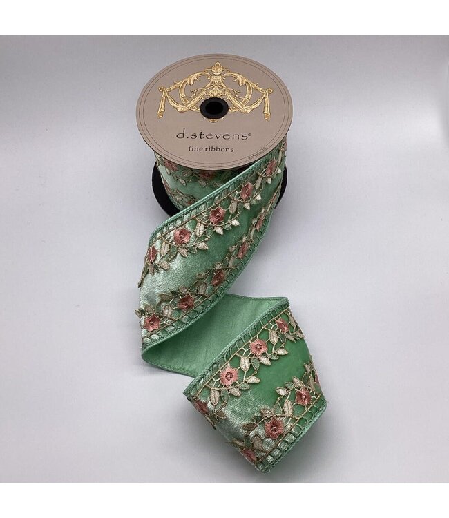 d. stevens D. Stevens 4“ x 5yds ice velvet floral applique side trim ribbon, mint pink