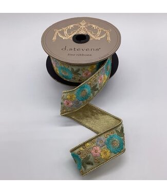 d. stevens 1.5” x 5yds metallic dupion teal pink yellow embroidery flowers ribbon, aqua
