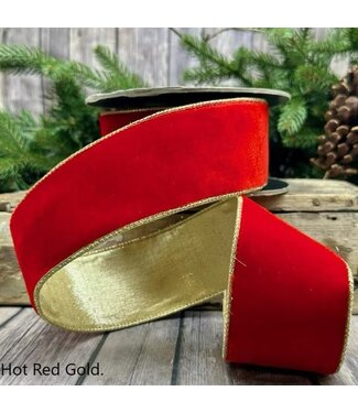 d. stevens D. Stevens 2.5“ x 10yds lush velvet metallic light gold back ribbon, hot red