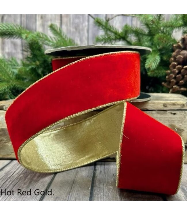 d. stevens D. Stevens 2.5“ x 10yds lush velvet metallic light gold back ribbon, hot red