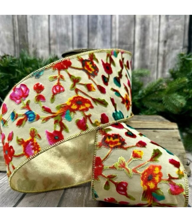 d. stevens D. Stevens 4“ x 10yds burn out velvet floral ribbon, hot pink yellow teal