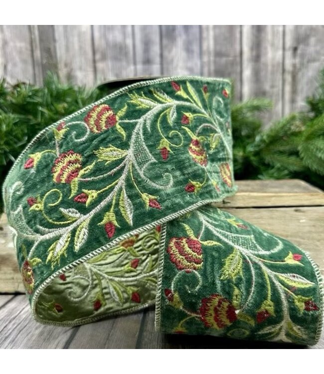 d. stevens D. Stevens 4“ x 5yds faux velvet embroidery floral ribbon, jade