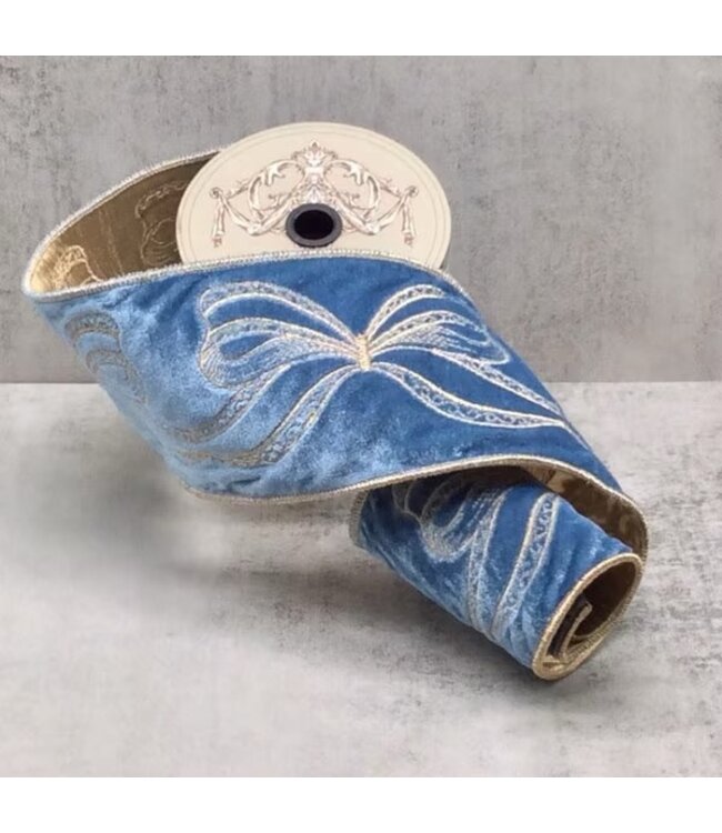 d. stevens D. Stevens 4“ x 5yds velvet gold embroidery bows ribbon, dusty blue
