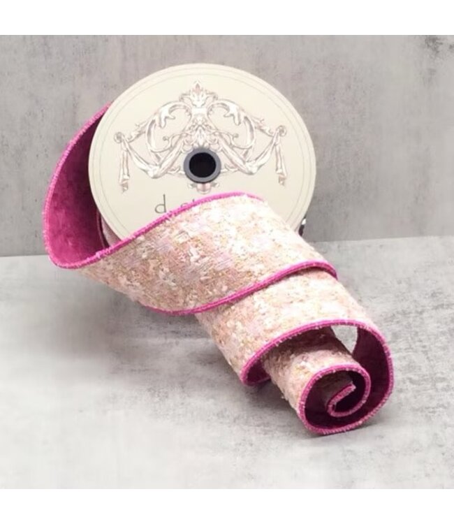 d. stevens D. Stevens 2.5” x 10yds plaid chenille tweed boucle ribbon, pink white gold