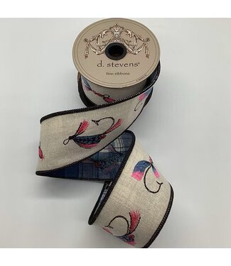 d. stevens D. Stevens 2.5“ x 5yds linen embroidery fishing flies plaid back ribbon, natural