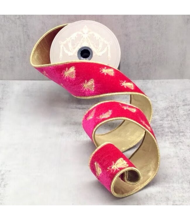 d. stevens D. Stevens 1.5” x 5yds velvet gold embroidery bee ribbon, hot pink
