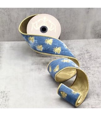 d. stevens 2.5” x 5yds velvet gold embroidery bee ribbon, dusty blue