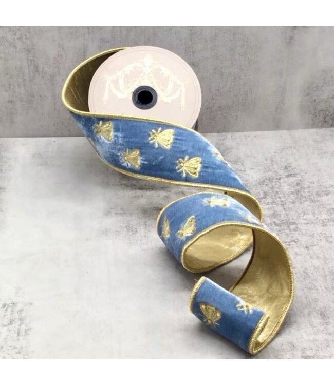 d. stevens 2.5” x 5yds velvet gold embroidery bee ribbon, dusty blue