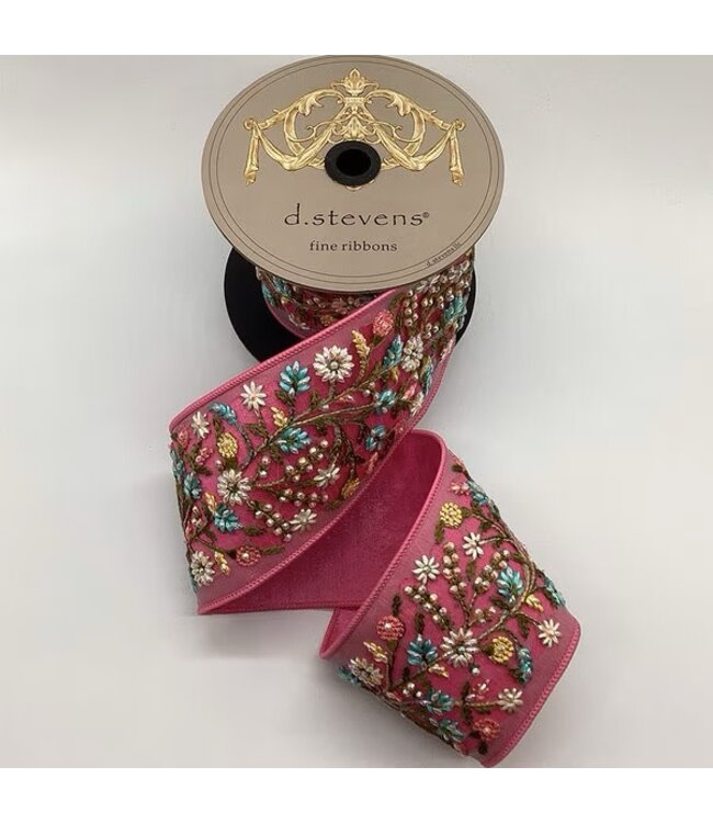 d. stevens 3.75” x 5yds dupion jewel floral applique ribbon, pink blue