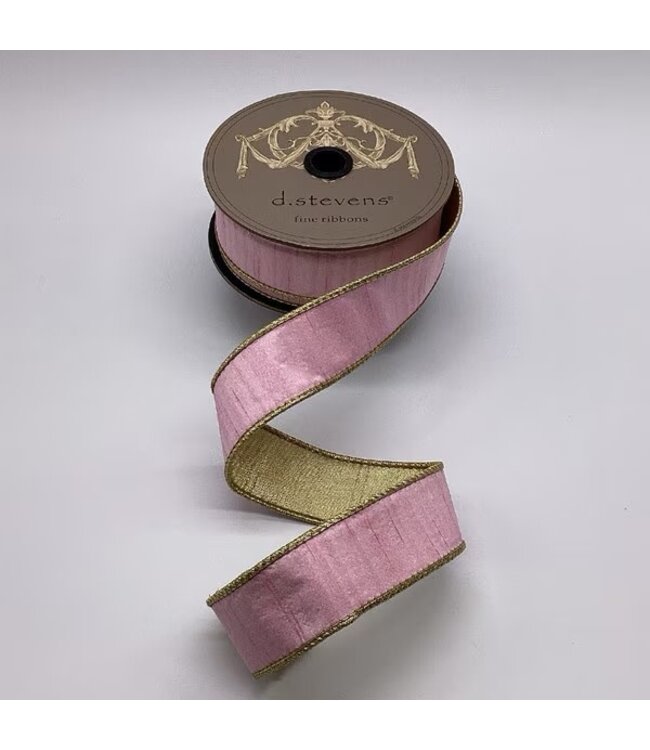 d. stevens D. Stevens 1.5“ x 10yds slub dupion metallic gold back ribbon, light pink