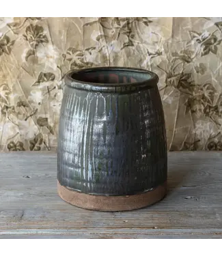 Aged Olive Dripped Glazed Pottery Butterchurn Vase Small