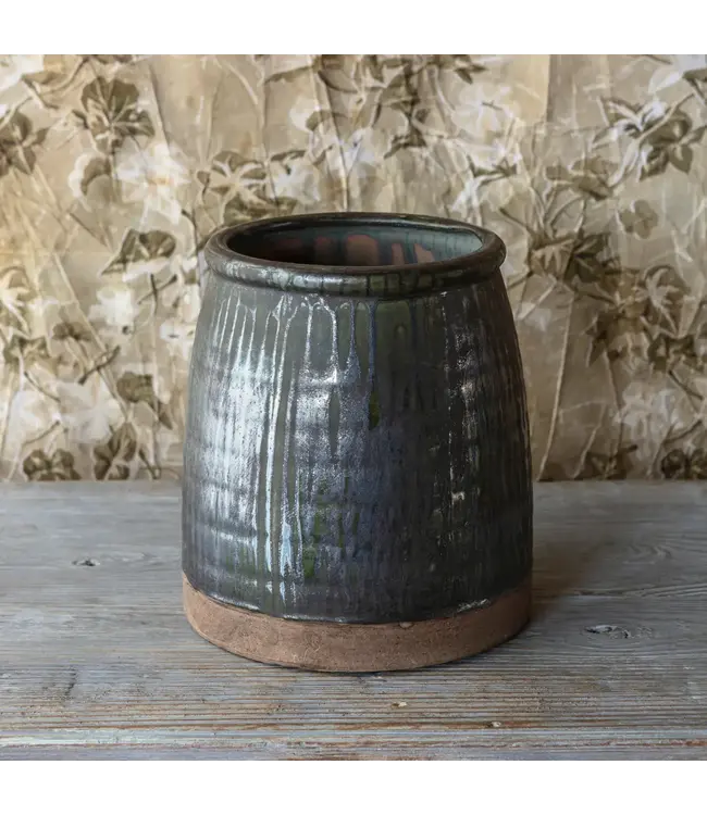 Aged Olive Dripped Glazed Pottery Butterchurn Vase Small