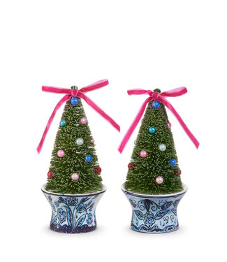BOTTLE BRUSH TREES IN CHINOISERIE POT ORNAMENT 6" set of 2