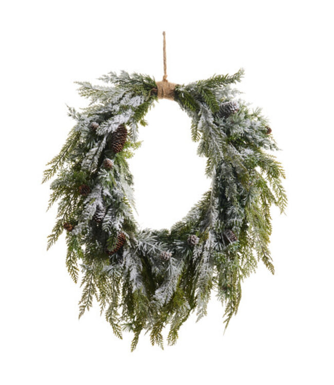FLOCKED OVAL CEDAR AND MINI PINECONE WREATH 29"
