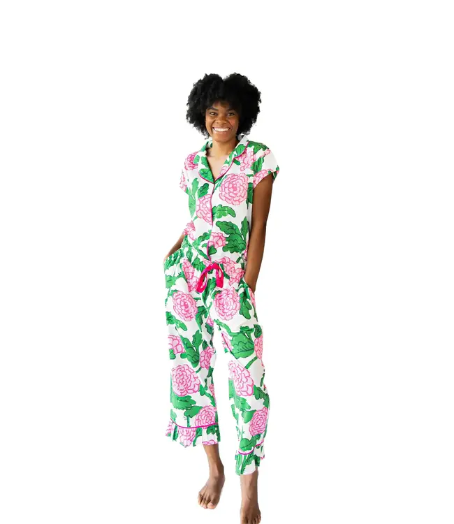 Ophelia Luxe Sateen Capri Pajama Set - Pink & Green Small