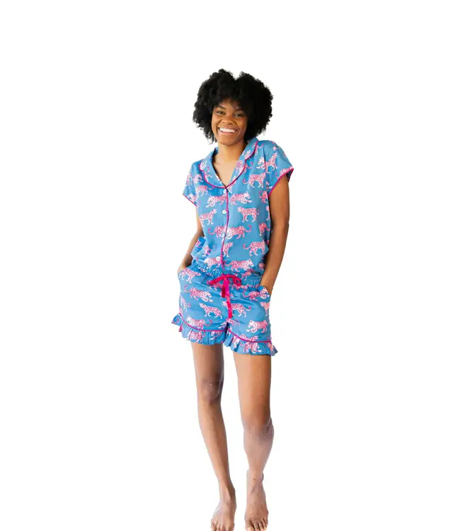 Pink Leopards Luxe Ruffled Pajama Summer Set - Blue & Pink  Small