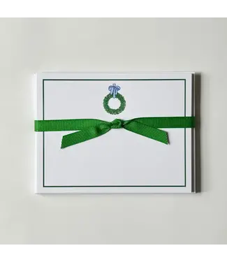 Wreath 25, Blue Bow - Flat Note Cards