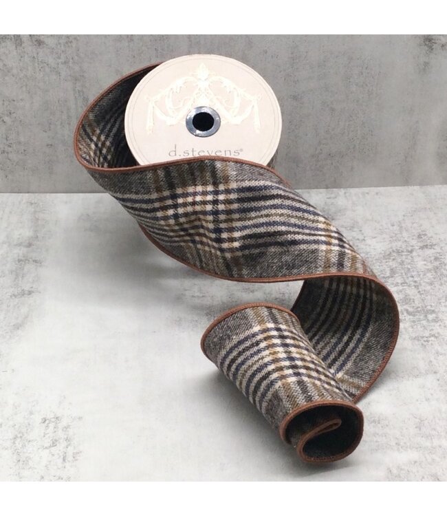 d. stevens D. Stevens 4” x 10yds faux wool Maddox plaid ribbon, brown cream navy