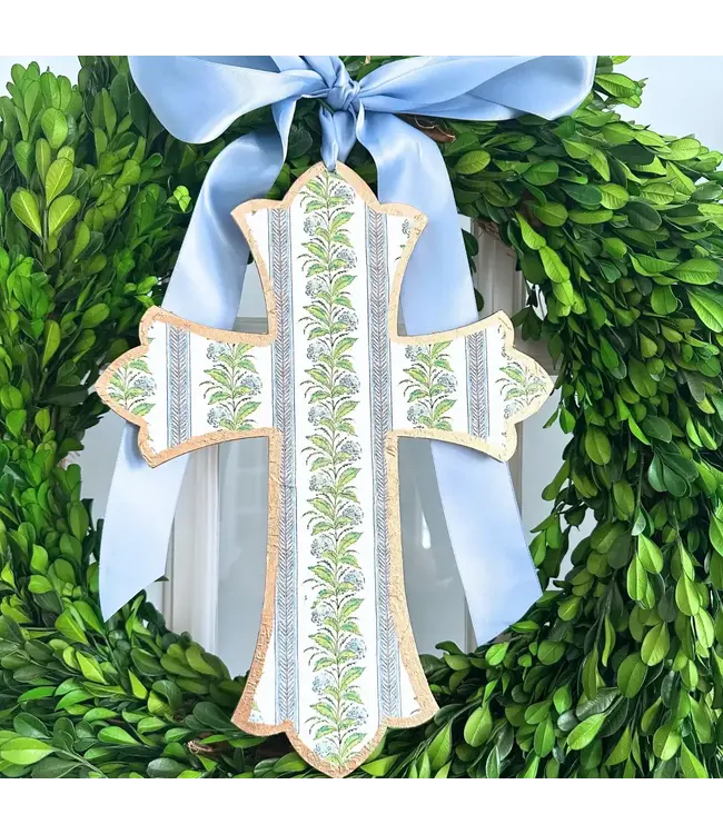 Floral Stripe Handmade Cross Doorhanger - 12 inch