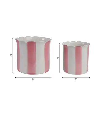 Pink Ceramic Striped Scallop Planters Set of 2