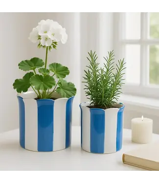Blue Ceramic Striped Scallop Planter Large