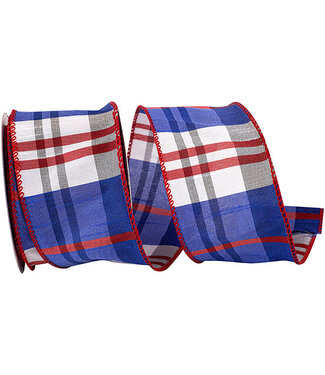 Ribbon - Plaid Red White & Blue Americana Dupioni Grand Wired Edge Ribbon, 2.5in x 10yd