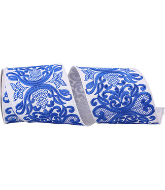 Ribbon - Regal Filigree Chinoiserie Embroidery Dupioni Wired Edge White/Blue 4inx5yd