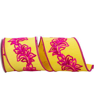 Ribbon - Filigree Embroidery Leaf Vine Dupioni Deluxe Wired Edge Yellow/Fuchsia 4inx5yd