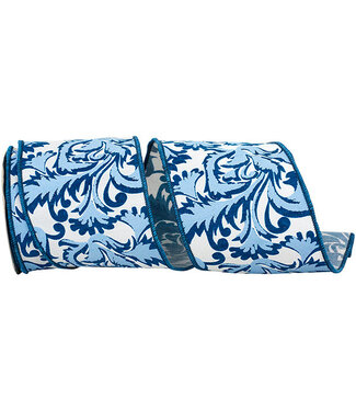 Ribbon - Scroll Leaf Moderna Deluxe Wired Edge Ribbon, Blue, 4inx10yd