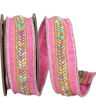 Ribbon - Beaded Dupioni Glitter Wired Edge Ribbon, Pink 1.5inx5yd