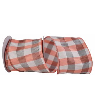 Ribbon - Dupioni Check Grande Wired Edge Ribbon, Coral/white 4inx10yd