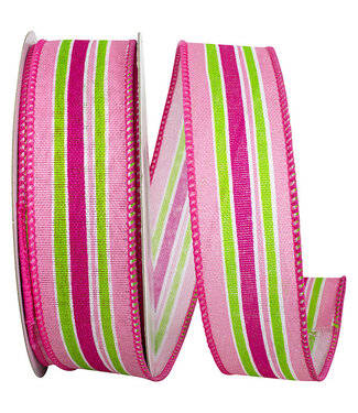 Ribbon - Stripe Bright Linen Lines Wired Edge Ribbon, Pink, 1.5inx20yd