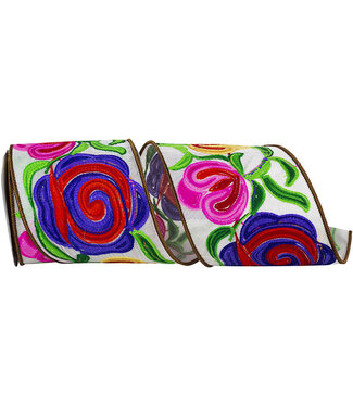 - Flower Embroidery Stitches Wired Edge Ribbon, Multi, 4inx5yd