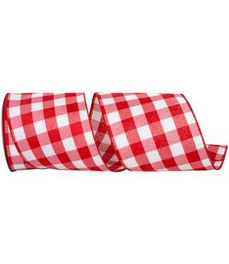 Ribbon - Celine Check Plaid Twill Wired Edge Ribbon, White/red, 4inx10yd