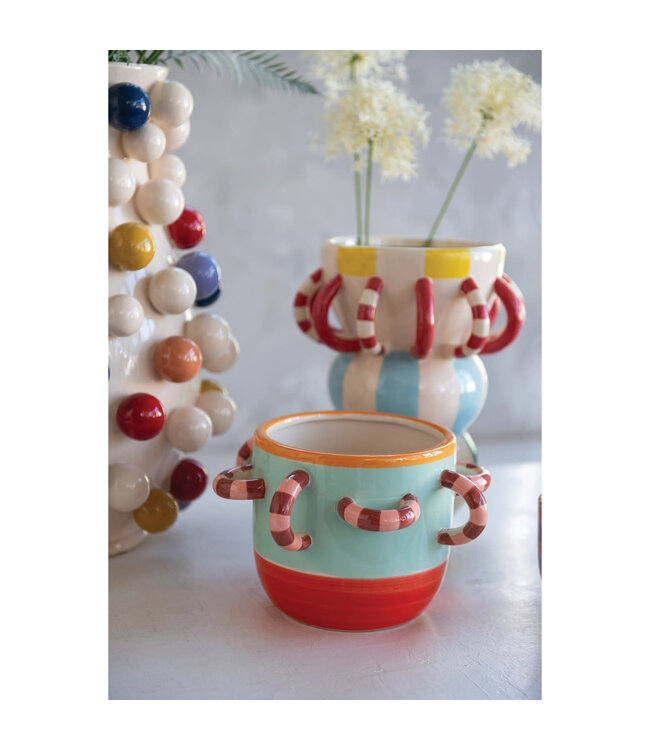 Hand-Painted Stoneware Planter with Striped 3D Loops