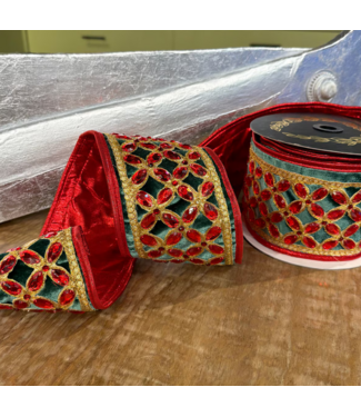John Mark Enterprises JME Green Velvet Red Floret Center Metallic Dupion Trim Red 4inx5yd