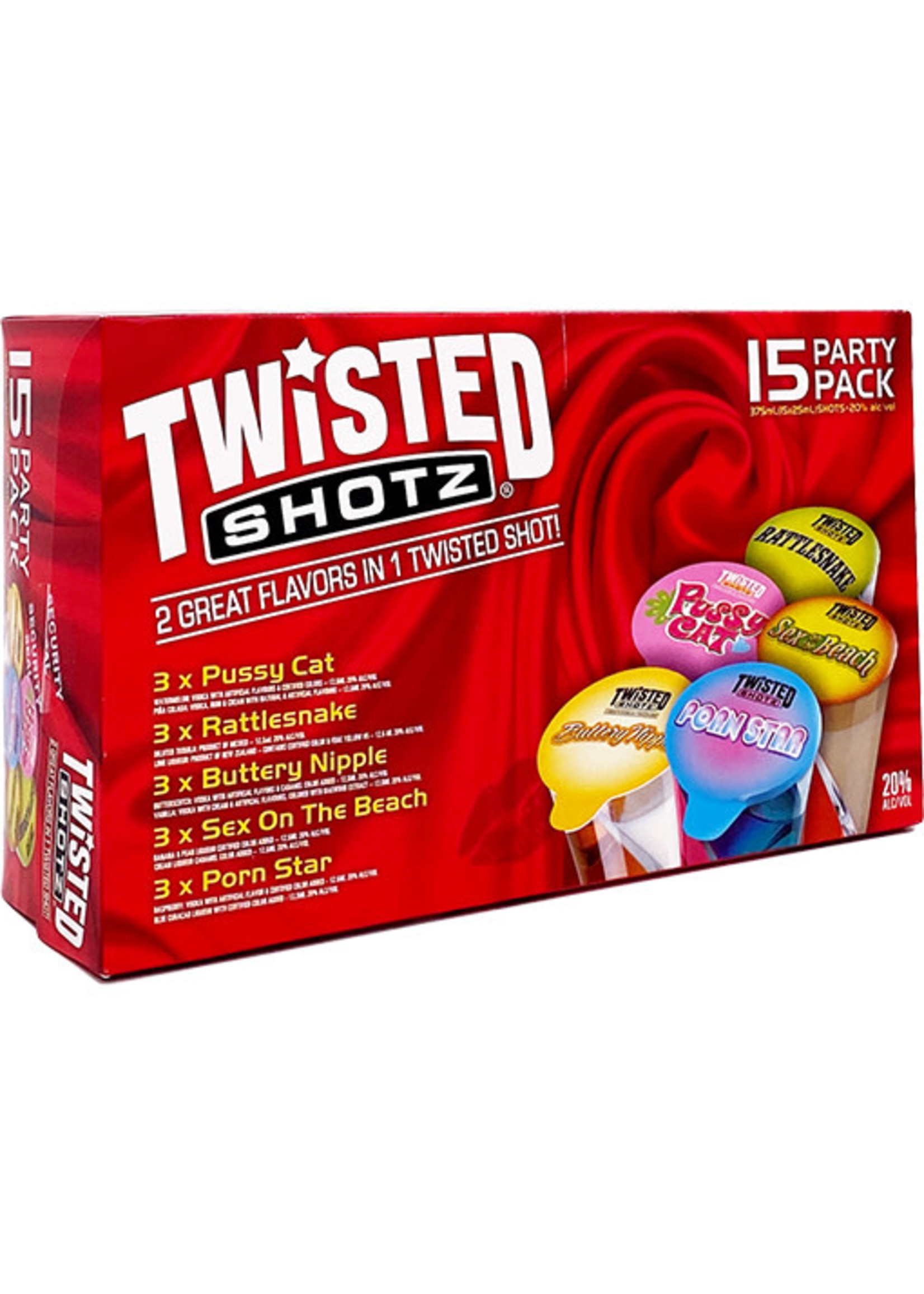 Twisted Shotz Twisted Shotz Sexy Party Pack Combo 3 Each Buttery Nipple, Porn Star, Rattlesnake, Sex On The Beach & Strawberry Sundae 15pk 25ml