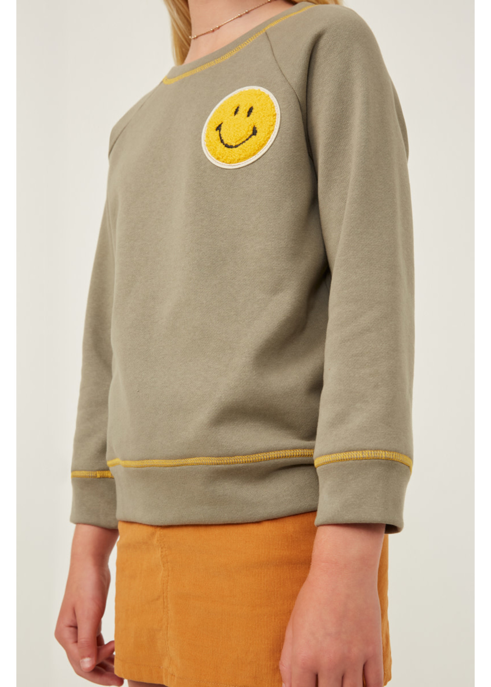Hayden Girl Olive Smiley Patch French Terry Sweatshirt
