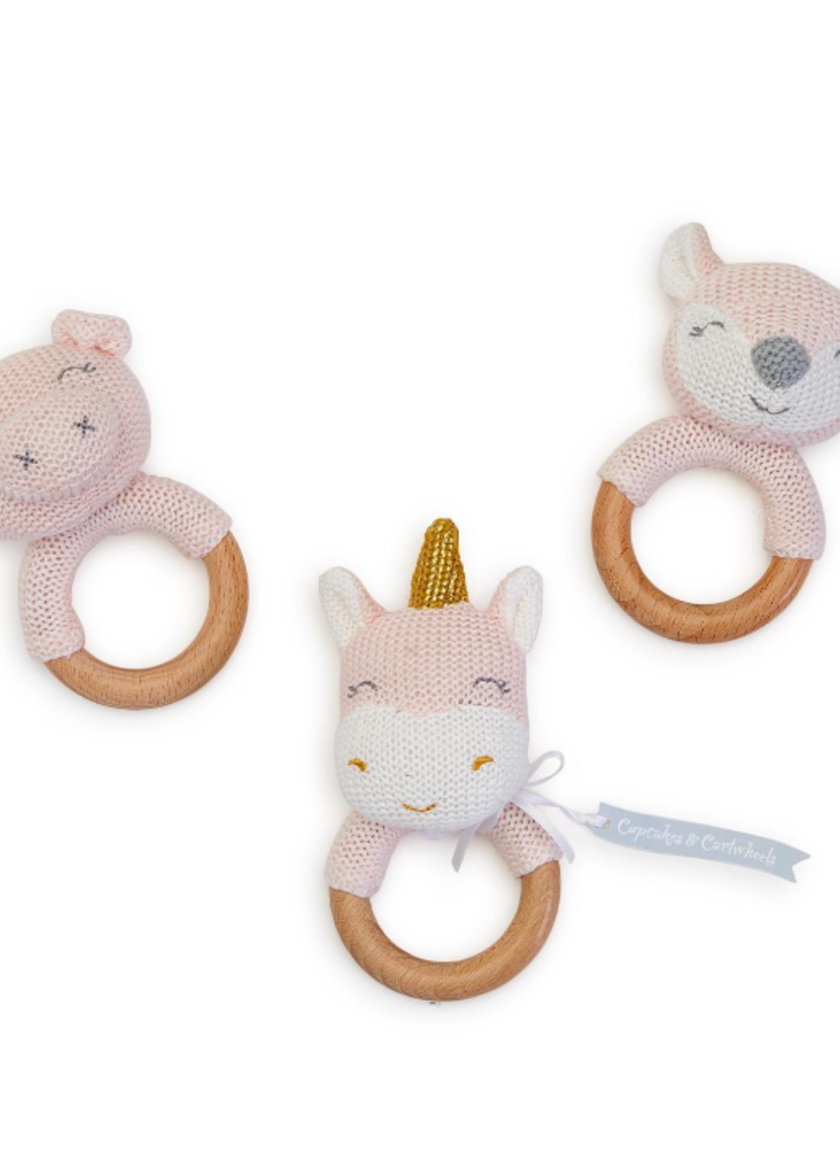Two's Company Pink Knitted Wooden Ring Rattle