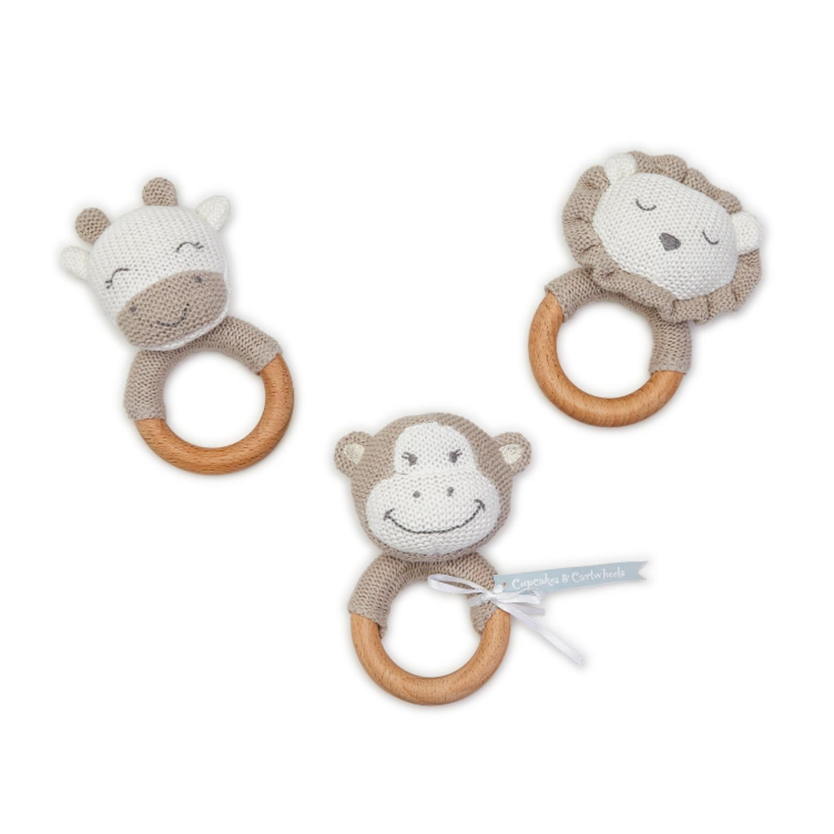 Two's Company Brown Knitted Wooden Ring Rattle