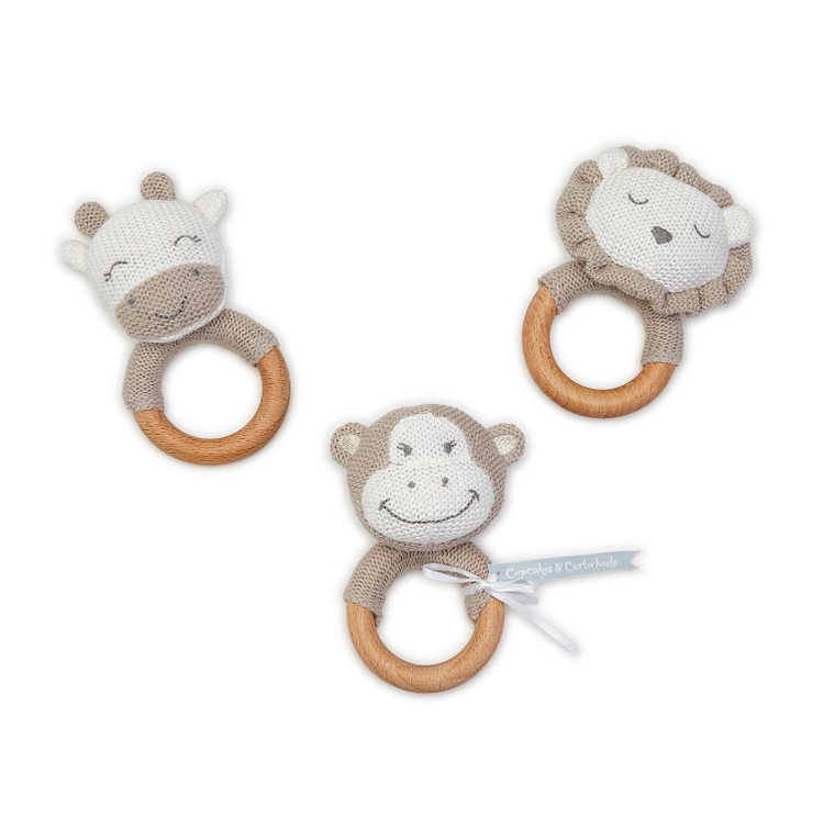 Two's Company Brown Knitted Wooden Ring Rattle