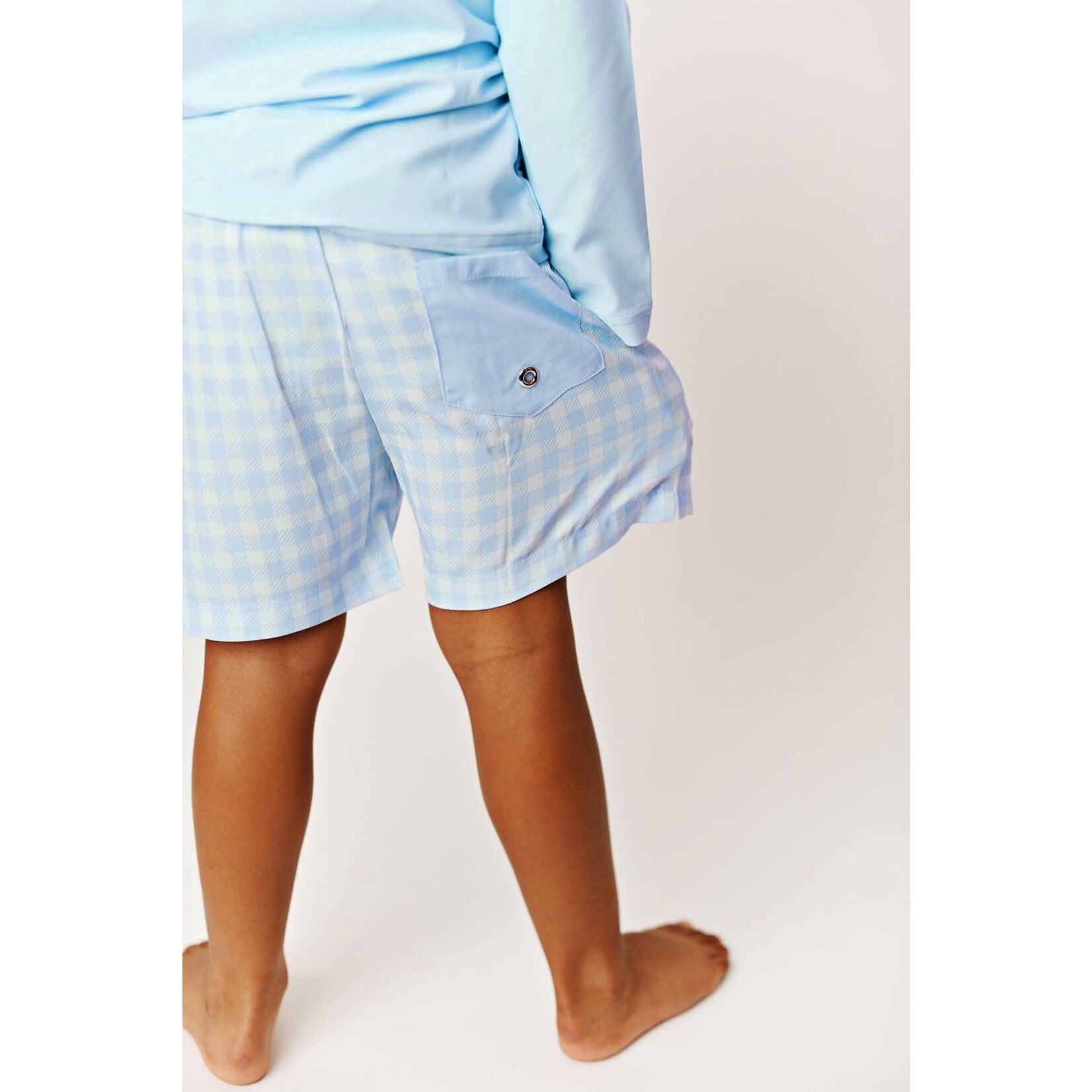 Swoon Baby Blue Gingham Swim Trunks