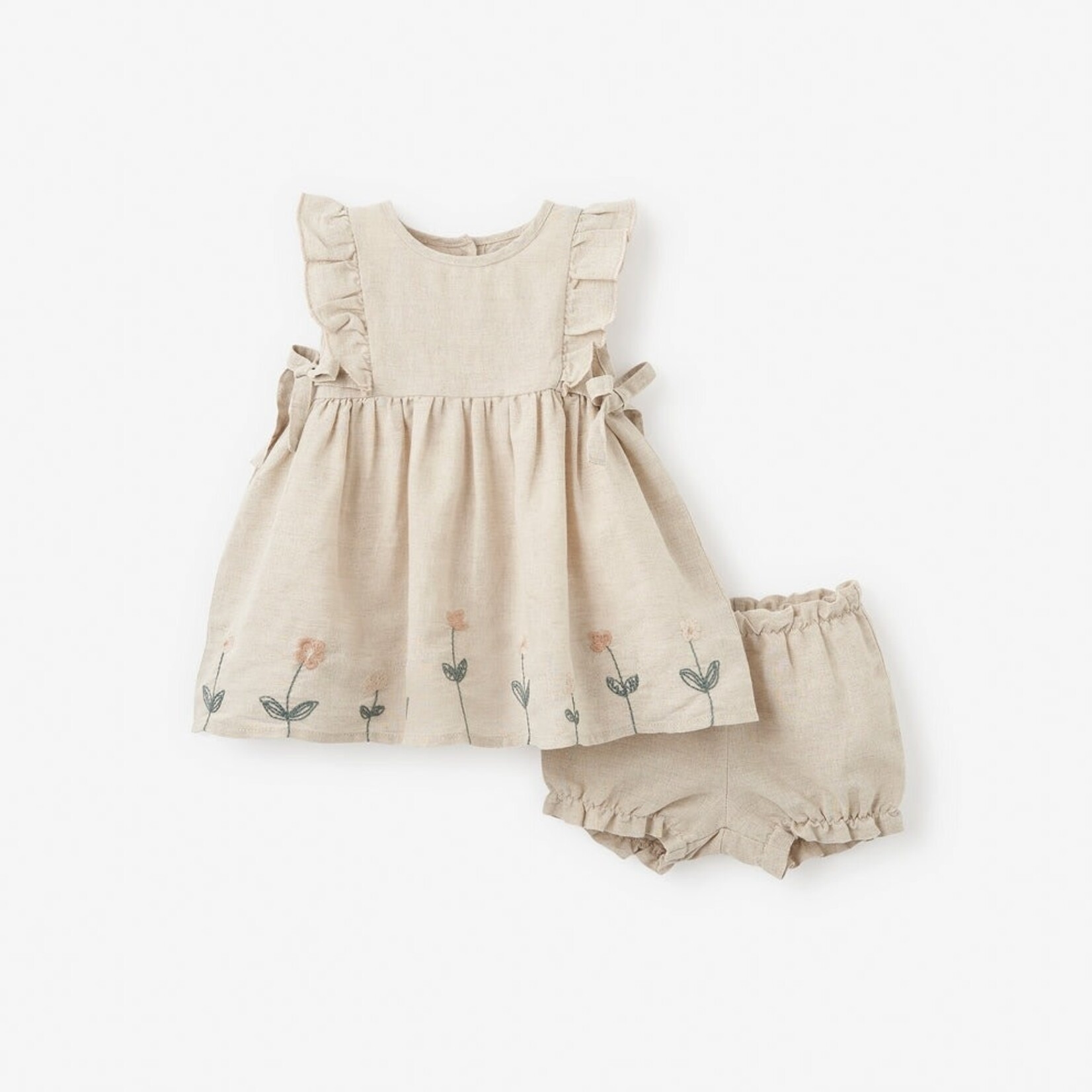 Elegant Baby Linen Floral Emb Dress Set