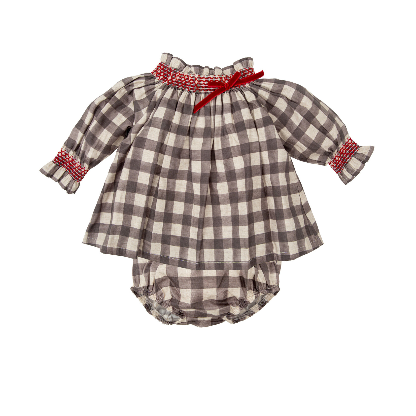 Babidu Black/Tan Check W/Red Smocking Dress Set