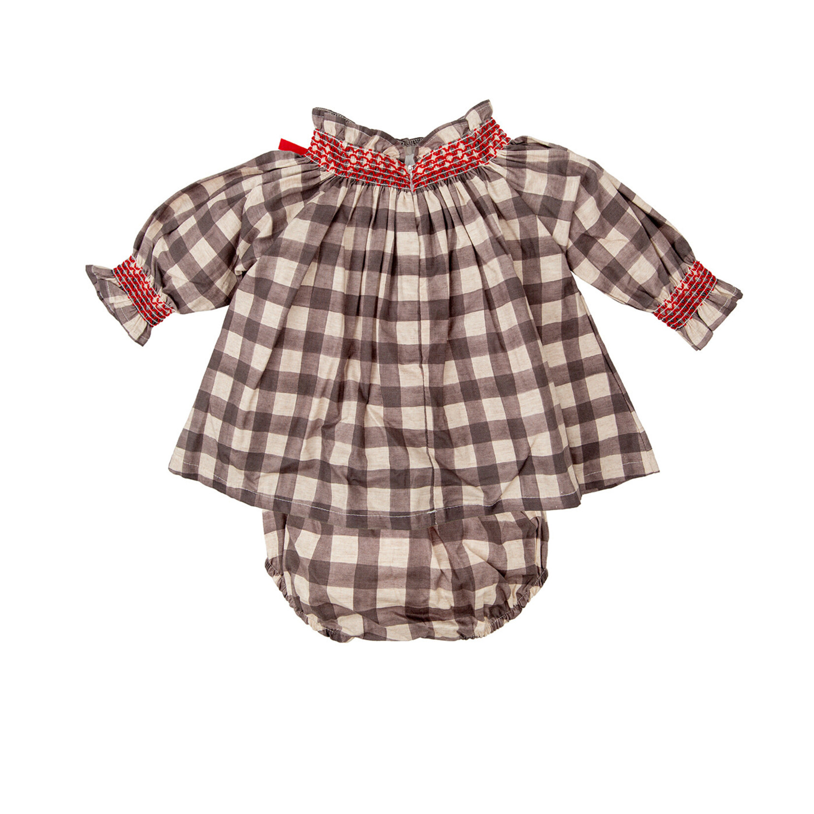 Babidu Black/Tan Check W/Red Smocking Dress Set